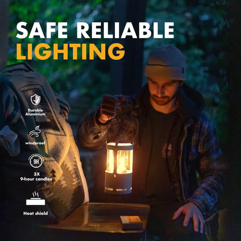 Man holding Red Candle Lantern For Camping And Emergencies, A Must-Have For Backcountry Prep, Lets You Run 3 Nine-Hour Emergency Candles