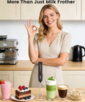 Rechargeable Handheld Milk Frother With Stand, USB C Charge, 3 Speeds And 3 Heads, Travel Case Included on kitchen counter