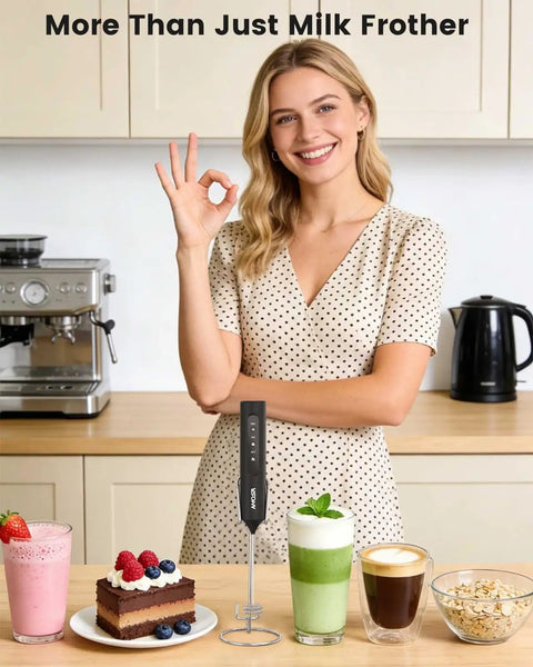 Rechargeable Handheld Milk Frother With Stand, USB C Charge, 3 Speeds And 3 Heads, Travel Case Included on kitchen counter