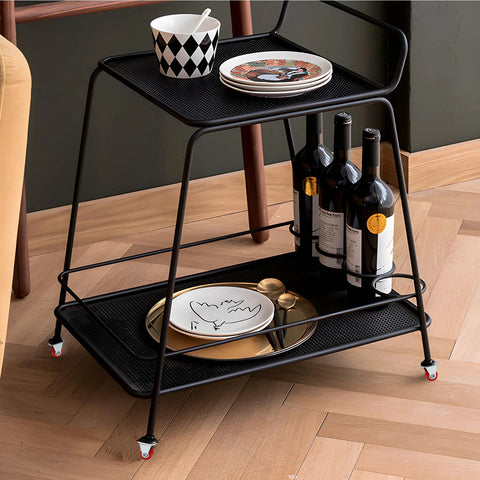 Front view of a black metal two-tier rolling cart with red 1-inch fixed caster wheels
