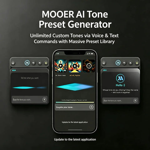 MOOER AI Tone Preset Generator on mobile with multiple sound presets for 40W Touchscreen Guitar Amp With Built In Audio Separator Looper Drummer Mode.