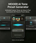 MOOER AI Tone Preset Generator on smartphone, showcasing custom tones for F15i AI Smart Guitar Amp With Touch Screen 15W.
