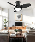 Quiet 32 Inch Ceiling Fan With LED Light And DC Motor, Remote Control, in a modern living room setting, black finish