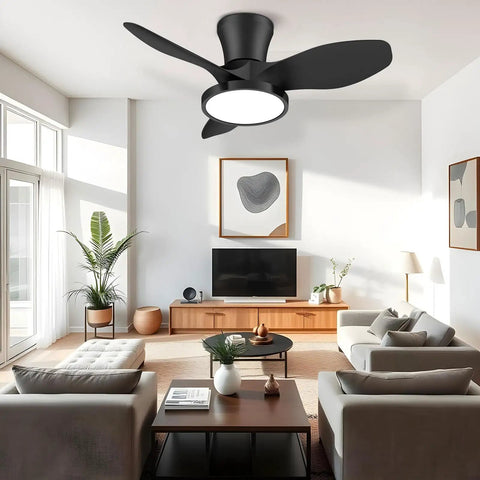 Quiet 32 Inch Ceiling Fan With LED Light And DC Motor, Remote Control, in a modern living room setting, black finish