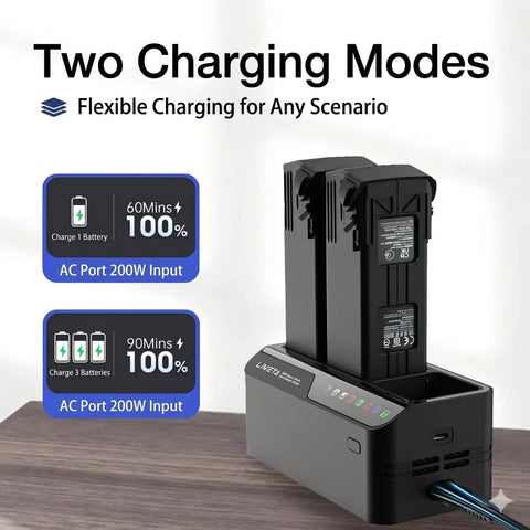 Mavic 3 Pro Three Channel 200W Fast Charging Hub for Batteries and Controller, displayed with two batteries