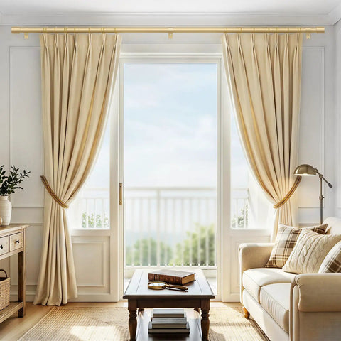 Heavy Duty Curtain Rod For Windows 66 To 120 Inch Adjustable 1 Inch Gold Rod With Decorative Metal Finials in living room setup