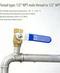 One Half Inch Forged Brass Ball Valve With Male To Female NPT Thread Full Port Connection 2 Pack Heavy Duty M To F NPT Shut Off Valves For Water Oil And Gas Built Tough Metal Valve installed on pipe