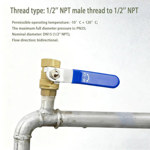One Half Inch Forged Brass Ball Valve With Male To Female NPT Thread Full Port Connection 2 Pack Heavy Duty M To F NPT Shut Off Valves For Water Oil And Gas Built Tough Metal Valve installed on pipe