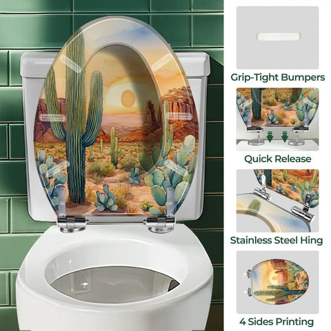 Elongated Resin Toilet Seat for Bathroom with cactus design, features grip-tight bumpers and stainless steel hinges.