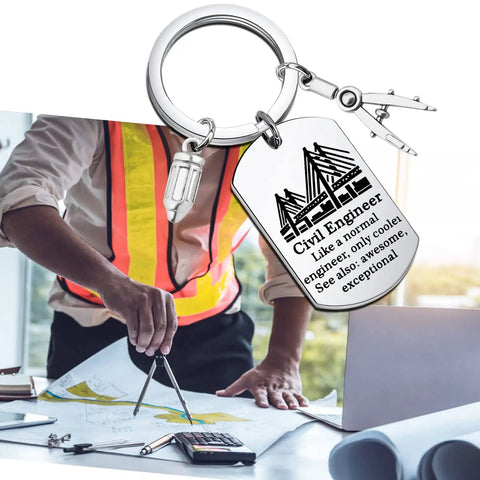 Civil Engineer Keychain Gift For Builders Funny Dog Tag Pendant Like A Normal Engineer Only Cooler Boss Level Engineer Gift For Him Or Her Construction Office Accessory, showing a metal keychain with engraved dog tag and charms against a construction planning background.