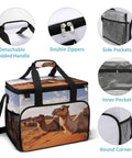 Desert Rest Small Cooler Bag For Men And Women, insulated lunch tote with foil lined interior and camel design, showing features