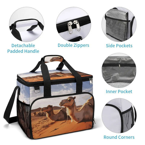 Desert Rest Small Cooler Bag For Men And Women, insulated lunch tote with foil lined interior and camel design, showing features