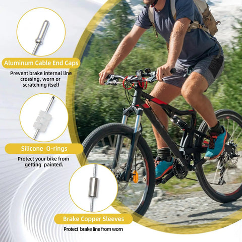 All In One 103 Piece Bike Brake Cable Kit with Stainless Steel Cable Cutter and Shifter Cable Housing for Mountain and Road Bikes shown with cyclist