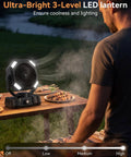 Misting Fan For Camping With Light by a grill, emitting mist with 300ml water tank, showing remote and timer in outdoor use.