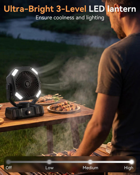Misting Fan For Camping With Light by a grill, emitting mist with 300ml water tank, showing remote and timer in outdoor use.