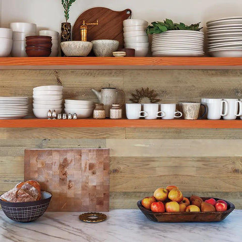 Kitchen with shelves against Real Reclaimed Barn Wood Peel And Stick Wall Planks With Self Adhesive Backing For Rustic Shiplap Panels