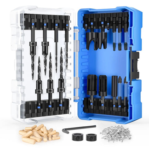 22-Piece Countersink Drill Bit Set With Tapered Wood Bits, Plug Cutter, Adjustable Depth Stop, One Quarter Inch Hex Shank