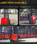 Compact Electric Pallet Stacker Forklift with red body, lifting boxes, suitable for smooth warehouse moves, up to 6M height.
