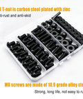 M8 T Slot Nuts Bolts And Heavy Duty Washers Assortment Kit With Hex Wrench For 4040 And 4080 Extrusions, black plated carbon steel nuts and bolts.