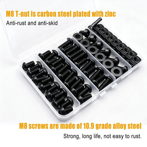M8 T Slot Nuts Bolts And Heavy Duty Washers Assortment Kit With Hex Wrench For 4040 And 4080 Extrusions, black plated carbon steel nuts and bolts.