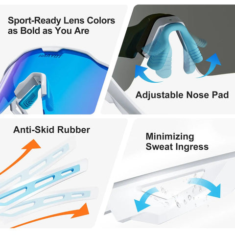 Features of Polarized Sports Sunglasses With Five Interchangeable UV400 Lenses For Men Women And Youth, including nose pad adjustment.