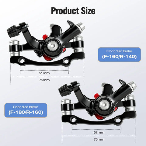 Beefy Aluminum Mechanical Disc Brake Caliper Set for Bikes Front and Rear Calipers Replacement Kit with size details