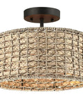 Rattan Semi Flush Mount Ceiling Light With Black Canopy 2 Light 12 Inch Drum Shade Fixture For Hallway Bedroom Kitchen
