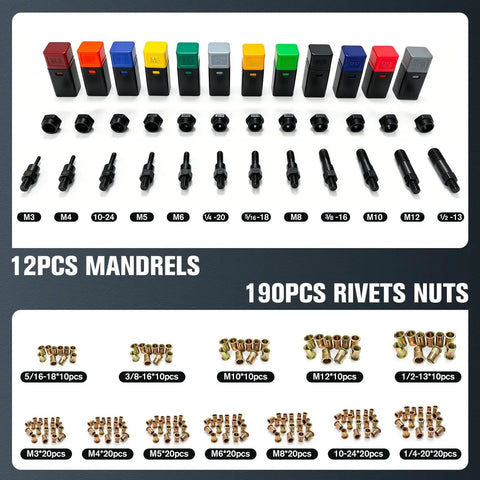 16 Inch Rivet Nut Tool Kit With 12 SAE And Metric Mandrels, 190 Rivet Nuts, Tool Free Quick Change Gun, Built In Stroke Gauge, And Durable Carrying Case For Automotive, Metal Repair, And DIY Projects components displayed.