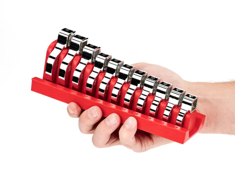 Hand holding Half Inch Drive Crowfoot Wrench Set With Rack 11 Piece Metric Wrenches 17 To 32 Mm Ultra Compact Storage
