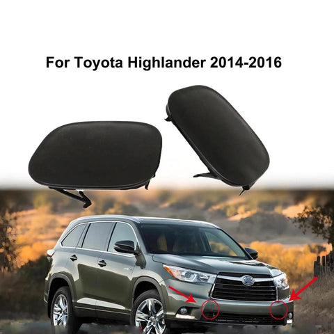 Toyota Highlander Tow Hook Cover 2 Piece Left And Right Front Bumper Eye Covers Black Replacement For 2014 2015 2016 Built To Last With Easy Clip On Install Durable Plastic No Tools Needed OEM Style Look shown with car.