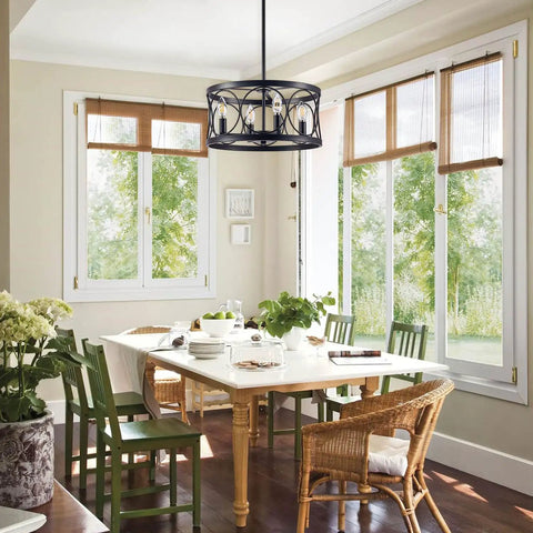 Dope Modern Farmhouse Black Drum Chandelier Light Fixture For Dining Room Living Room Entryway And Bedroom over dining table