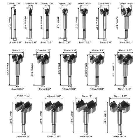 Top Notch Assorted Forstner Bit Set Featuring Game Changer Hardened Round Shanks for clean wood drilling, 16 assorted sizes from 6mm to 54mm.
