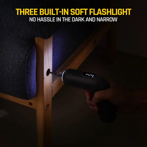 Beast Cordless Screwdriver Kit With 14 Bits, Digital Screen, front LED light in use on furniture, highlighting dark area