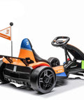 McLaren Licensed 24V Go Kart For Kids 6 And Up, Electric Ride On with Real Steering Wheel, black and orange design, rear view