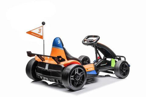 McLaren Licensed 24V Go Kart For Kids 6 And Up, Electric Ride On with Real Steering Wheel, black and orange design, rear view