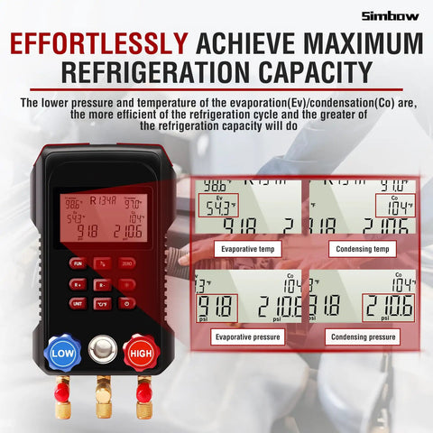 Digital Manifold Gauge Set for HVAC Pros: Dual Pressure and Temperature Readouts, Digital AC Gauge Kit with 3000 PSI Hose, Two-Color Temperature Clamp, Fast Vacuum, Leak Test, and Precise Superheat Subcooling Calculations.