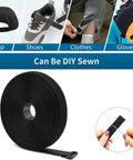 Adjustable 26Ft Black Cable Straps With 30 Buckles For DIY Cord Bundling, shown as roll with examples for cap, shoes, clothes, gloves.