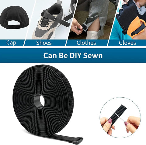 Adjustable 26Ft Black Cable Straps With 30 Buckles For DIY Cord Bundling, shown as roll with examples for cap, shoes, clothes, gloves.