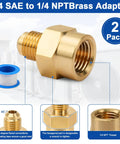 1/4 SAE To 1/4 NPT Brass Adapter AC Refregeration Pipe Connector Fittings with hexagonal design and sealing tape.