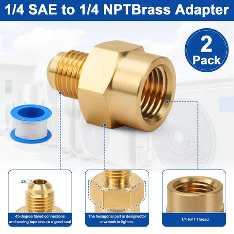 1/4 SAE To 1/4 NPT Brass Adapter AC Refregeration Pipe Connector Fittings with hexagonal design and sealing tape.