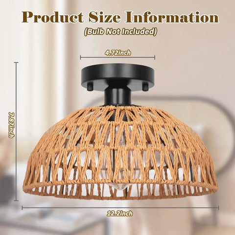 12.2 Inch Rattan Ceiling Light Fixtures Set Of 2, Rustic Woven Basket Flush Mount Lamps with size dimensions shown