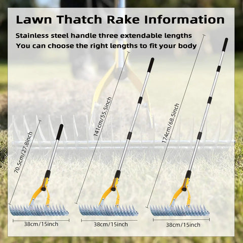 Thatch Rake 15 Inch Wide Dethatcher For Cleaning Dead Grass Leaves And Debris Loosens Soil With Steel Tines And Stainless Steel Handle