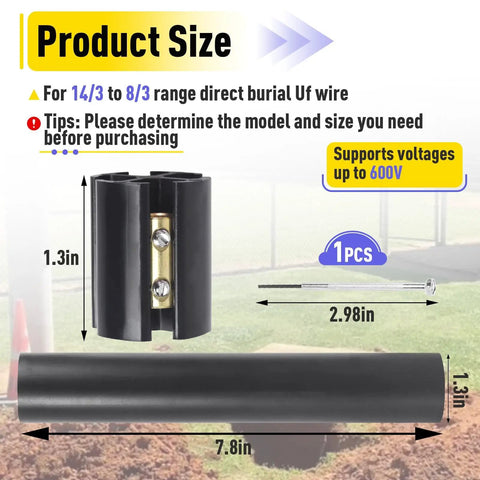 Underground Wire Splice Kit For 14/3 To 8/3 UF Cable Direct Burial Ready, 600 Volt Max, includes splice connectors.