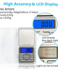 High Precision 500g Food Travel Scale Portable Pocket Scale With LCD Display showing blue backlight and control buttons