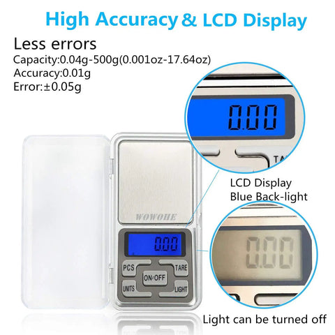 High Precision 500g Food Travel Scale Portable Pocket Scale With LCD Display showing blue backlight and control buttons