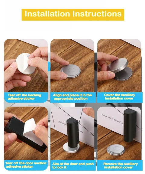 Installation instructions for 2 Pack Magnetic Door Stopper Set Black Stainless Steel No Drill Stick On Floor Mount With Strong Adhesive Tape Keeps Doors Open For Heavy Duty Home And Office Doors