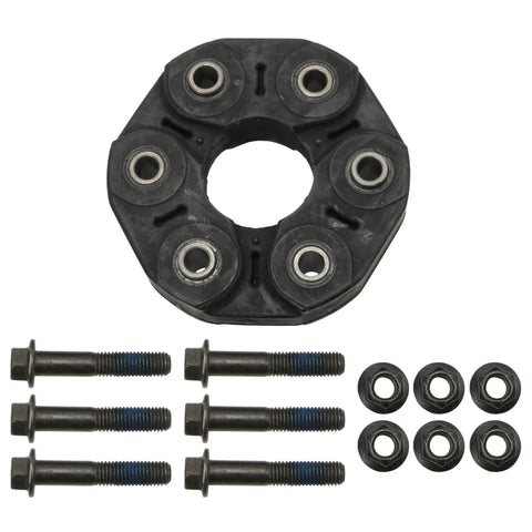 MOOG 670 steering shaft flex coupling disc, front view, with six bolts and six nuts.
