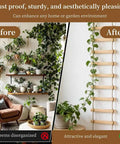 Before and after image showing indoor plants with disorganized vines and the 6-Feet Extra Tall Wooden Ladder Plant Trellis For Indoor And Outdoor Use.