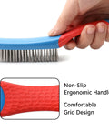 Rust Removal Wire Brush With Ergonomic Handle, Stainless Steel 8-Row Metal Scrubber shown with non-slip silicone grip handle