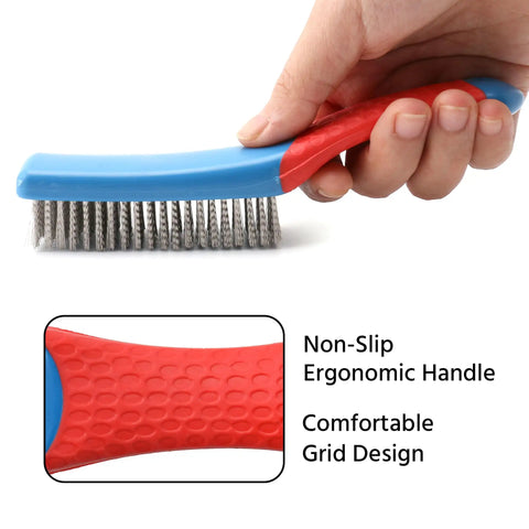 Rust Removal Wire Brush With Ergonomic Handle, Stainless Steel 8-Row Metal Scrubber shown with non-slip silicone grip handle